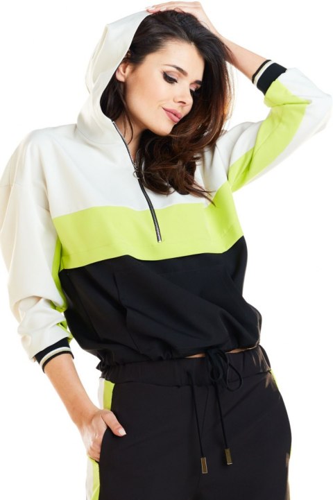 Bluza damska z kapturem i ozdobnymi ściągaczami w paski limonkowa A265 Bluza damska z kapturem i ozdobnymi ściągaczami w paski limonkowa A265
