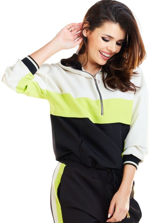 Bluza damska z kapturem i ozdobnymi ściągaczami w paski limonkowa A265 Bluza damska z kapturem i ozdobnymi ściągaczami w paski limonkowa A265