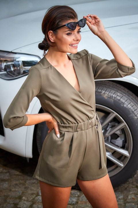 Elegancki kombinezon z krótkimi spodenkami i rękawem 3/4 khaki A286 Elegancki kombinezon z krótkimi spodenkami i rękawem 3/4 khaki A286