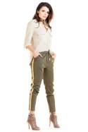 Spodnie damskie z elastyczną talią kieszeniami i lampasami khaki A270