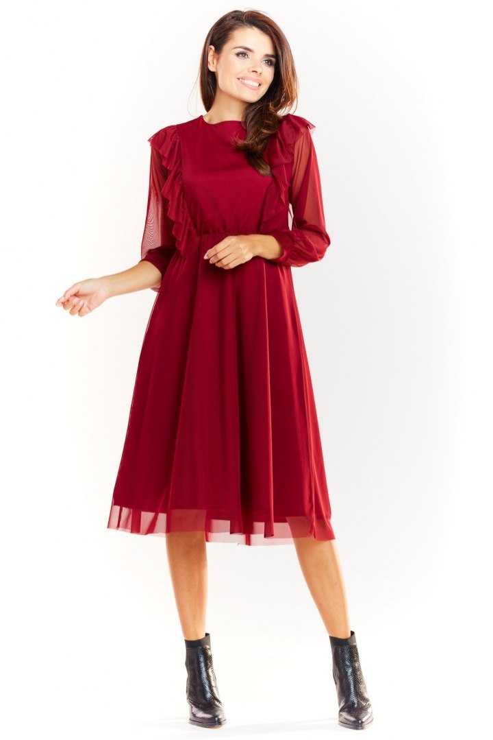 Elegancka sukienka tiulowa z falbaną rozkloszowana midi bordowa A327 Elegancka sukienka tiulowa z falbaną rozkloszowana midi bordowa A327