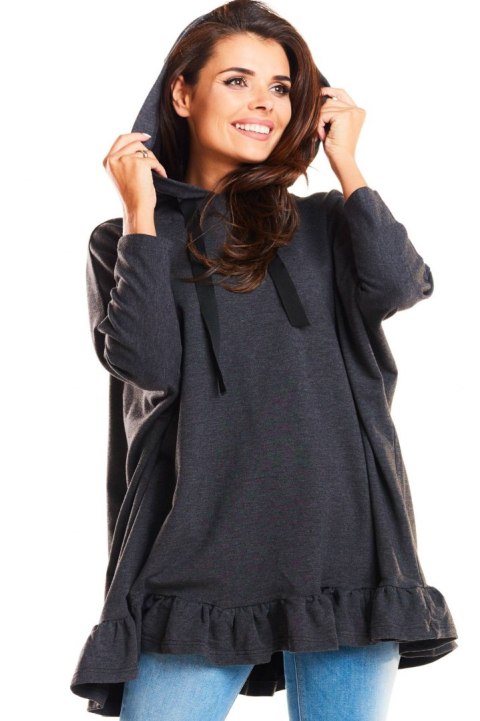 Bluza damska oversize z kapturem i falbanką na dole grafitowa M184 Bluza damska oversize z kapturem i falbanką na dole grafitowa M184