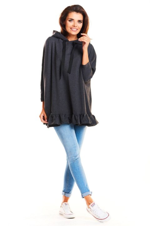 Bluza damska oversize z kapturem i falbanką na dole grafitowa M184 Bluza damska oversize z kapturem i falbanką na dole grafitowa M184