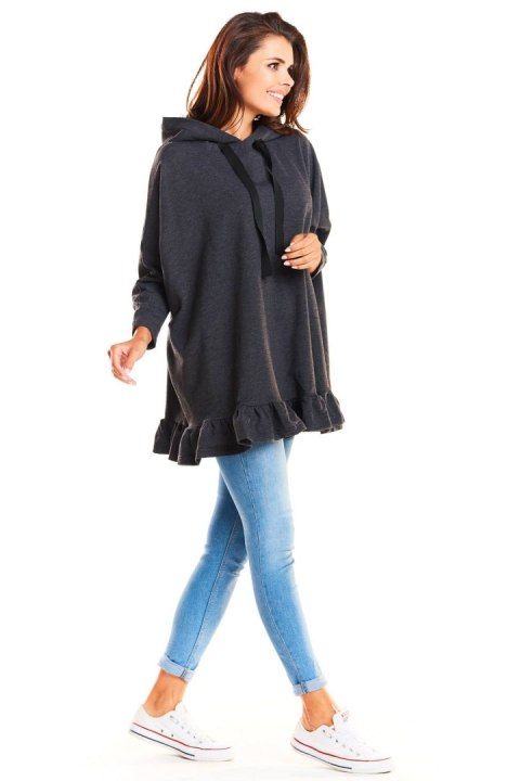 Bluza damska oversize z kapturem i falbanką na dole grafitowa M184 Bluza damska oversize z kapturem i falbanką na dole grafitowa M184