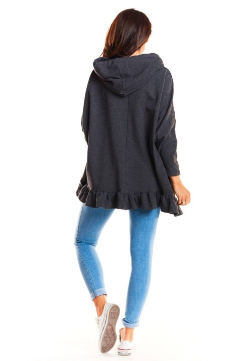 Bluza damska oversize z kapturem i falbanką na dole grafitowa M184 Bluza damska oversize z kapturem i falbanką na dole grafitowa M184