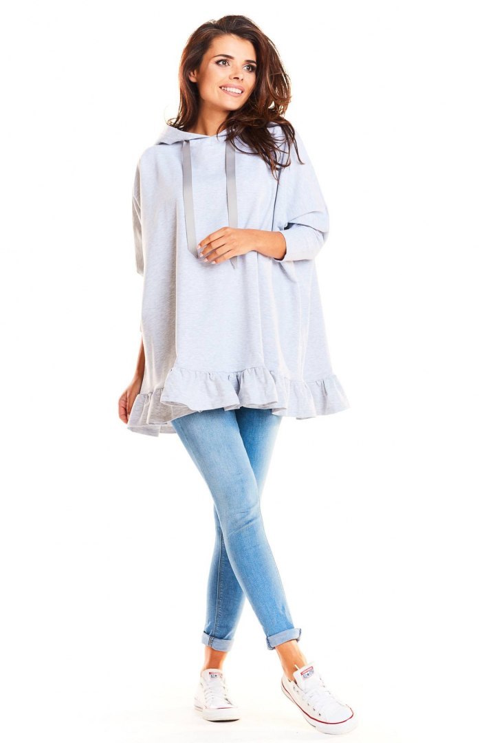 Bluza damska oversize z kapturem i falbanką na dole szara M184 Bluza damska oversize z kapturem i falbanką na dole szara M184