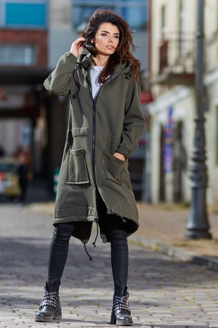 Ciepła bluza damska parka z kapturem zapinana na zamek khaki M220 Ciepła bluza damska parka z kapturem zapinana na zamek khaki M220