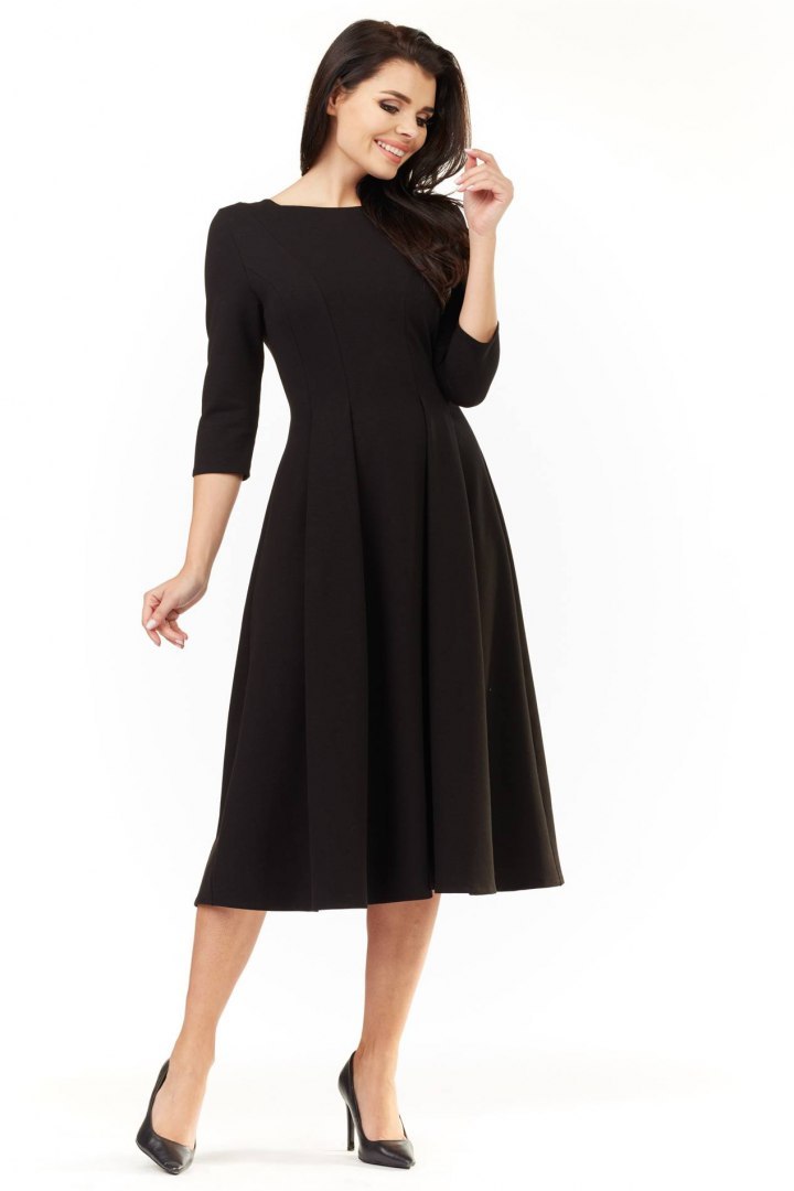 Elegancka sukienka midi rozkloszowana z długim rękawem czarna M155 Elegancka sukienka midi rozkloszowana z długim rękawem czarna M155