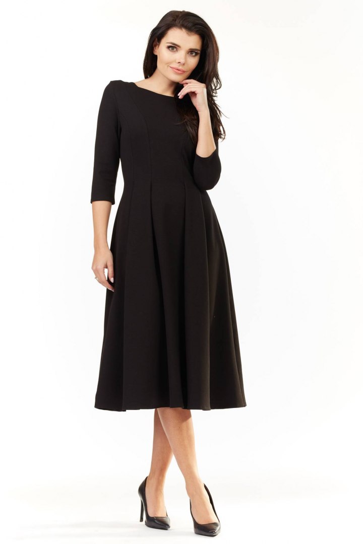 Elegancka sukienka midi rozkloszowana z długim rękawem czarna M155 Elegancka sukienka midi rozkloszowana z długim rękawem czarna M155