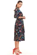 Sukienka midi z rękawem 3/4 wiązana w pasie granatowa kwiaty M192