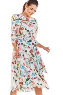 Sukienka midi z rękawem 3/4 wiązana w pasie ecru kwiaty M192