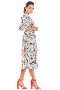 Sukienka midi z rękawem 3/4 wiązana w pasie ecru kwiaty M192