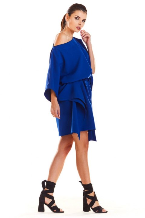 Sukienka mini oversize z krótkim rękawem wiązana w pasie niebieska M196 Sukienka mini oversize z krótkim rękawem wiązana w pasie niebieska M196