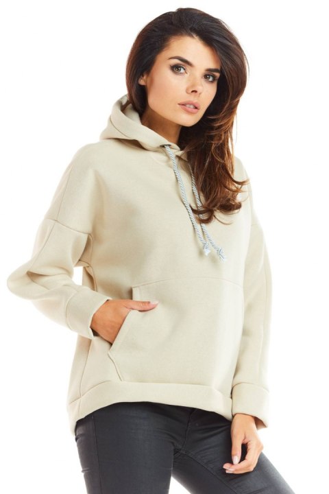 Bluza damska z kapturem o luźnym kroju beżowa M223 Bluza damska z kapturem o luźnym kroju beżowa M223
