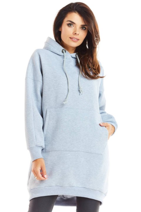 Długa bluza damska z kapturem i kieszenią kangurek szara M230 Długa bluza damska z kapturem i kieszenią kangurek szara M230