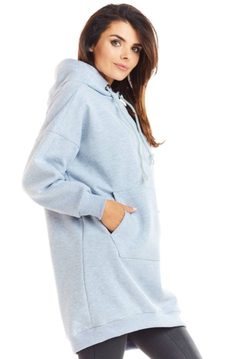 Długa bluza damska z kapturem i kieszenią kangurek szara M230 Długa bluza damska z kapturem i kieszenią kangurek szara M230