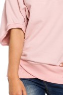 Bluza damska oversize z dzianiny z krótkim rękawem pudrowa B048