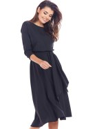 Lejąca sukienka rozkloszowana midi z pasem rękaw 3/4 czarna A343