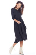 Lejąca sukienka rozkloszowana midi z pasem rękaw 3/4 czarna A343