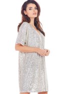 Elegancka sukienka mini luźna cekinowa krótki rękaw beżowa A347