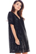 Elegancka sukienka mini luźna cekinowa krótki rękaw czarna A347
