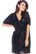 Elegancka sukienka mini luźna cekinowa krótki rękaw czarna A347