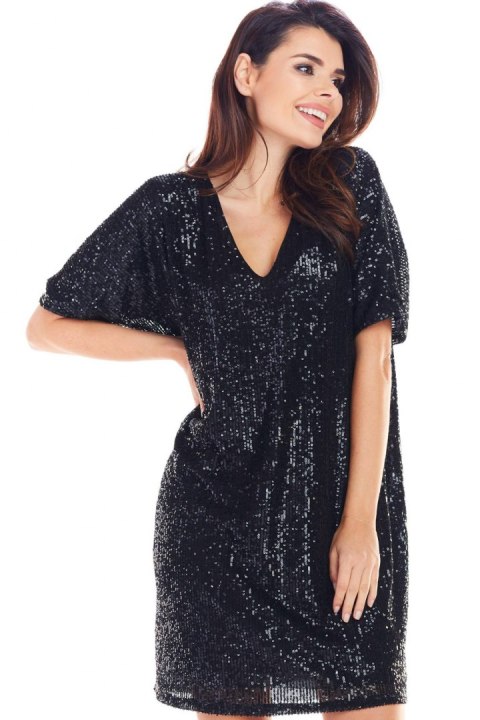 Elegancka sukienka mini luźna cekinowa krótki rękaw czarna A347 Elegancka sukienka mini luźna cekinowa krótki rękaw czarna A347