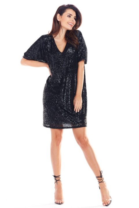 Elegancka sukienka mini luźna cekinowa krótki rękaw czarna A347 Elegancka sukienka mini luźna cekinowa krótki rękaw czarna A347