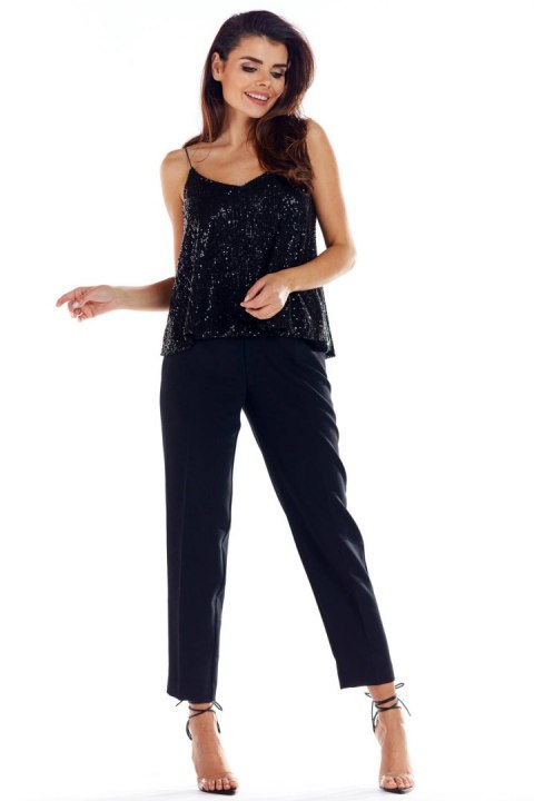 Elegancki top damski z cekinami na ramiączkach luźny czarny A353 Elegancki top damski z cekinami na ramiączkach luźny czarny A353