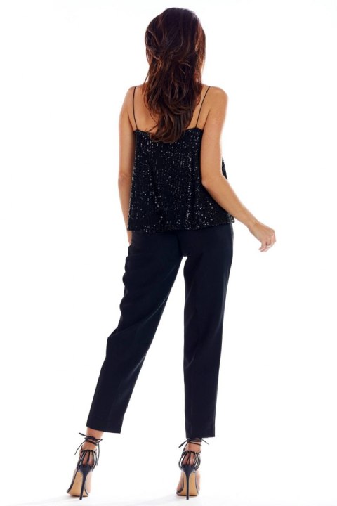 Elegancki top damski z cekinami na ramiączkach luźny czarny A353 Elegancki top damski z cekinami na ramiączkach luźny czarny A353