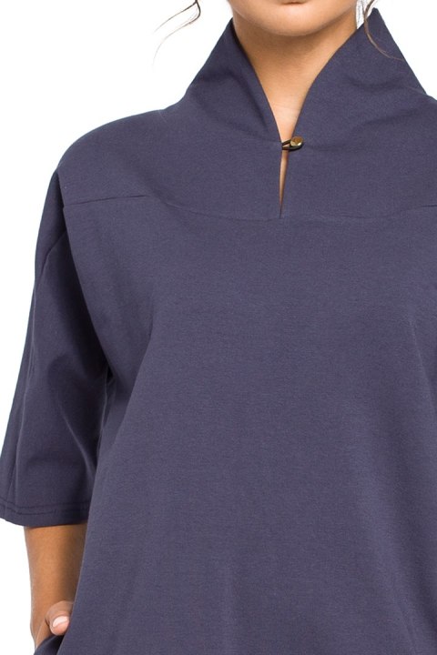 Tunika bawełniana mini kimono ze stójką krótki rękaw niebieska B043 Tunika bawełniana mini kimono ze stójką krótki rękaw niebieska B043