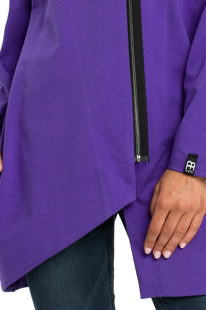 Bluza damska oversize z kapturem rozpinana na skos fioletowa B091