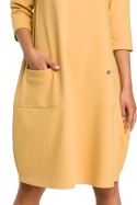 Sukienka bombka midi luźna z kieszenią rękaw 3/4 żółta B083