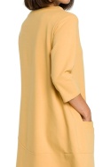 Sukienka bombka midi luźna z kieszenią rękaw 3/4 żółta B083