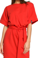 Sukienka midi z gumką i paskiem wiązana krótki rękaw czerwona B062