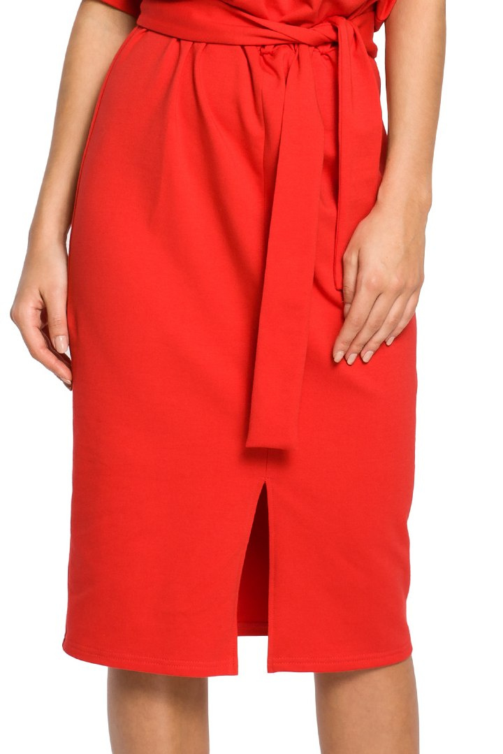 Sukienka midi z gumką i paskiem wiązana krótki rękaw czerwona B062