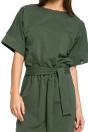 Sukienka midi z gumką i paskiem wiązana krótki rękaw zielona B062