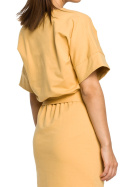 Sukienka midi z gumką i paskiem wiązana krótki rękaw żółta B062