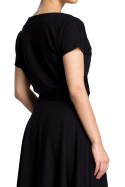 Letnia sukienka rozkloszowana midi z paskiem krótki rękaw czarna B067
