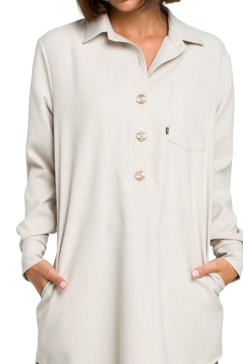 Tunika koszulowa mini oversize z długim rękawem zapinana beżowa B086 Tunika koszulowa mini oversize z długim rękawem zapinana beżowa B086