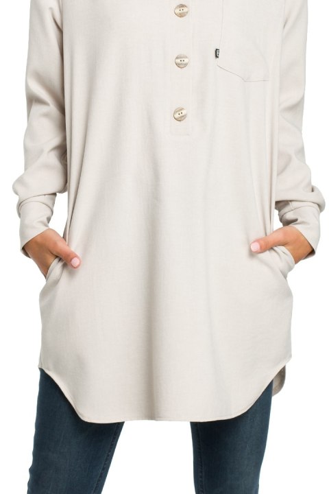 Tunika koszulowa mini oversize z długim rękawem zapinana beżowa B086 Tunika koszulowa mini oversize z długim rękawem zapinana beżowa B086