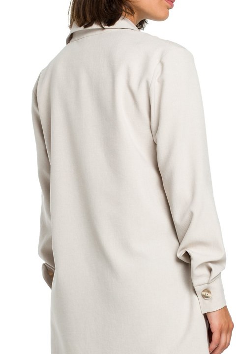 Tunika koszulowa mini oversize z długim rękawem zapinana beżowa B086 Tunika koszulowa mini oversize z długim rękawem zapinana beżowa B086