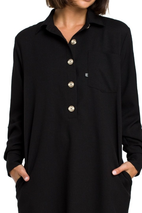 Tunika koszulowa mini oversize z długim rękawem zapinana czarna B086 Tunika koszulowa mini oversize z długim rękawem zapinana czarna B086