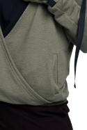 Sportowa bluza damska z kapturem i kopertowym przodem khaki B127