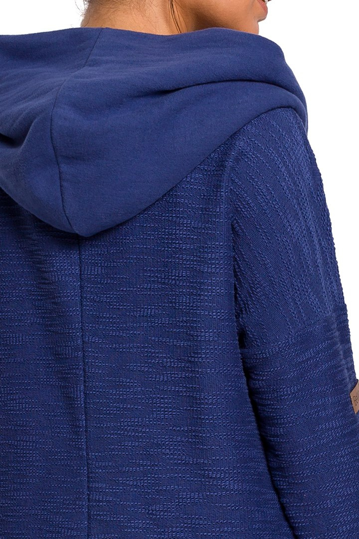 Bluza damska trapezowa z kapturem i kołnierzem dzianina indygo B131 Bluza damska trapezowa z kapturem i kołnierzem dzianina indygo B131