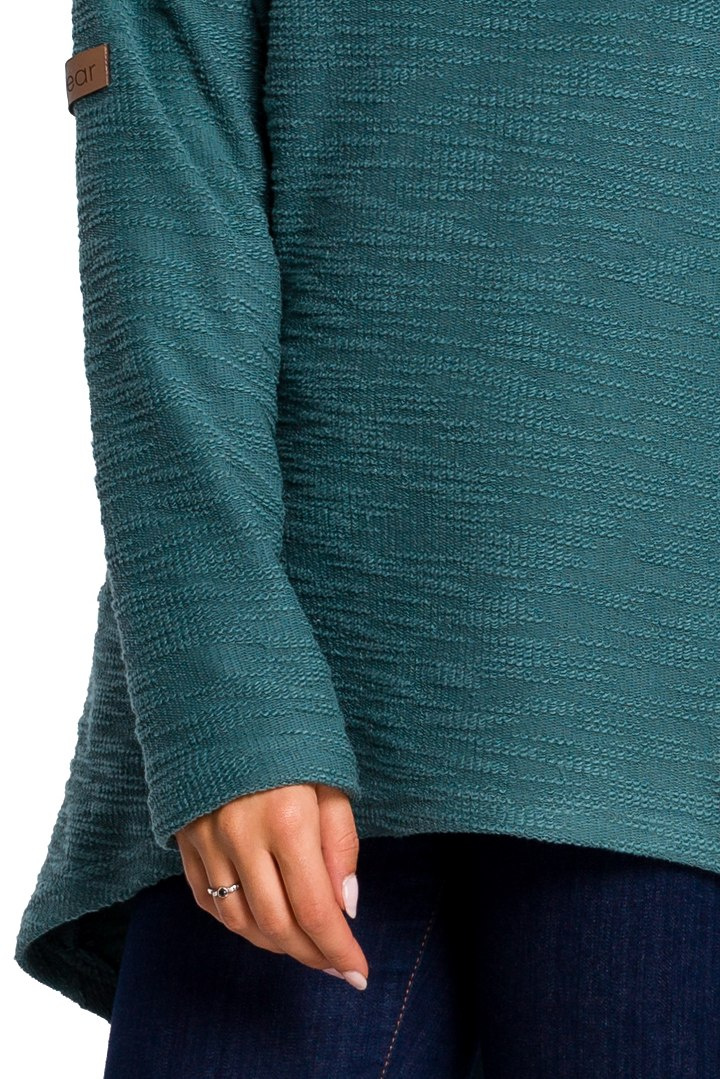 Bluza damska trapezowa z kapturem i kołnierzem dzianina turkusowa B131 Bluza damska trapezowa z kapturem i kołnierzem dzianina turkusowa B131