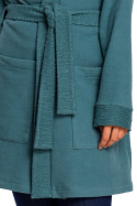 Długi żakiet damski bez zapięcia z wiązaniem kimono turkusowy B121