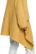 Długi kardigan damski drapowany z przodu bez zapięcia musztardowy BK017