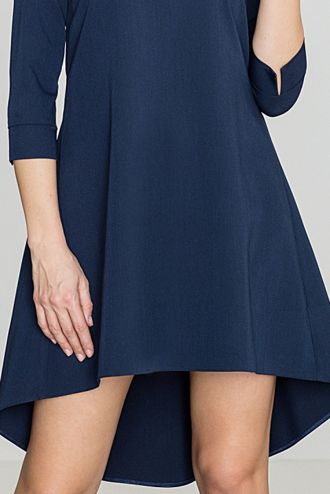 Elegancka sukienka asymetryczna z plisą i rękawem 3/4 granatowa K141 Elegancka sukienka asymetryczna z plisą i rękawem 3/4 granatowa K141