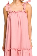 Zwiewna sukienka midi na wiązanych ramiączkach różowa B119
